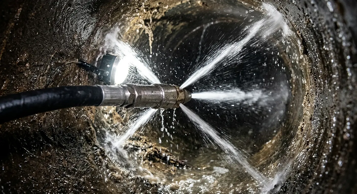 High-pressure hydro jetting nozzle cleaning sewer pipe for Trenchless Sewer Repair in Bessemer