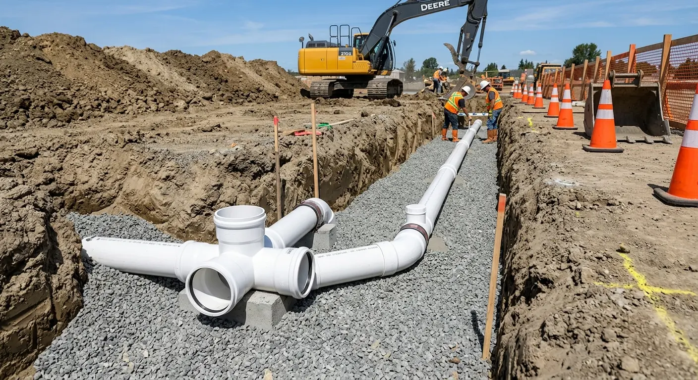 New PVC sewer pipe installation in open trench for Commercial Drain Cleaning in Bessemer