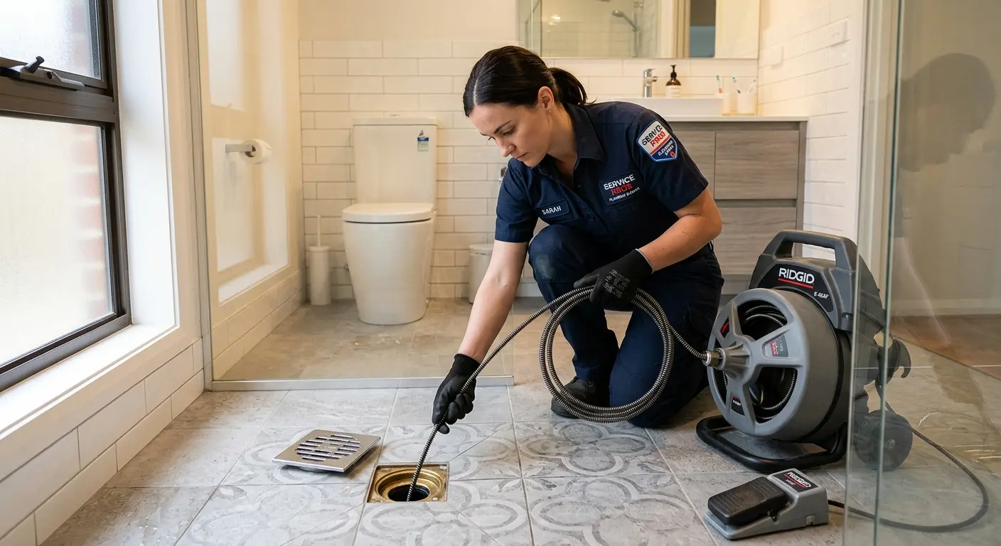 Technician clearing a bathroom floor drain for Sewer Line Installation in Bessemer